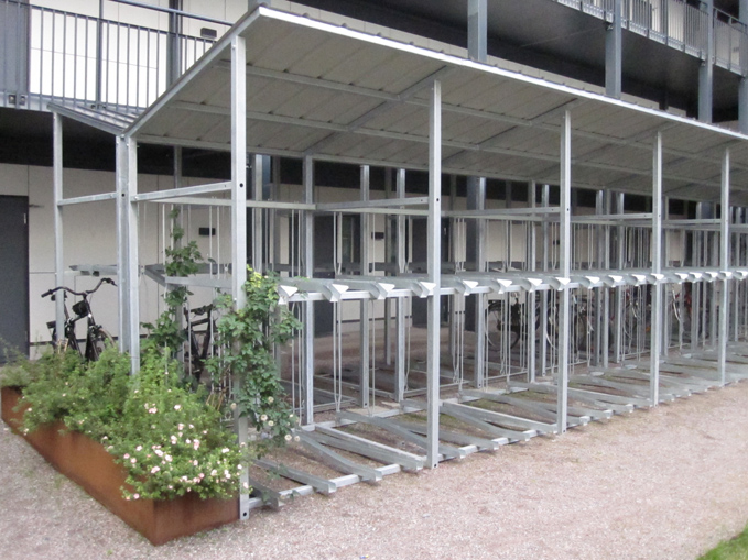 Type CA two-tier bicycle rack with integrated roof.